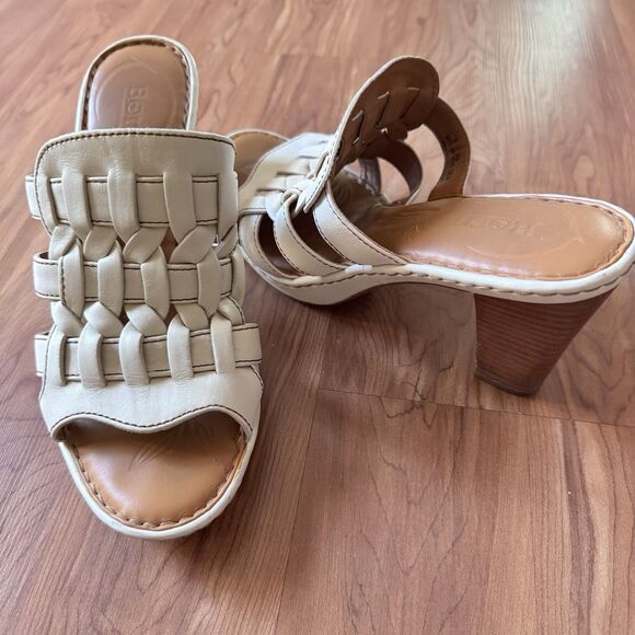 Born W11816 Women’s 8M/39 Beige Leather Woven Block Heel Sandals Slip-On Comfort - Picture 1 of 10
